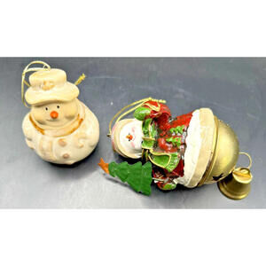 Lenox-like Christmas Tree Snowmen Decorations, Bell, Set of 2, Vintage